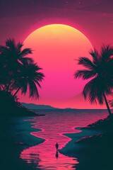 Sunset on tropical beach with palm tree generated ai.