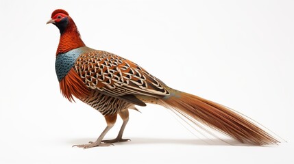 An elegant side view of a pheasant, artistically isolated against a pristine white background 