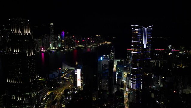 Aerial view of Hong Kong skyline illuminated at night in China