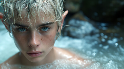 Portrait of an elf boy in the water. (AI generated) - obrazy, fototapety, plakaty