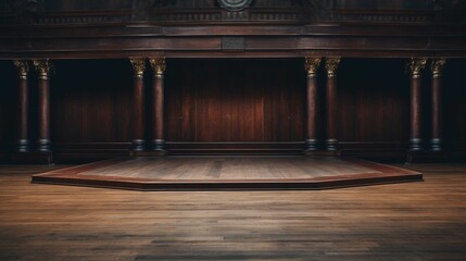 Elegance Enthroned: A Majestic Gaze upon the Expansive Wooden Expanse of an Empty Stage, Graced with Timeless Elegance, Surrounded by a Backdrop of Regal Splendor, Conjuring a Theatrical Tapestry 