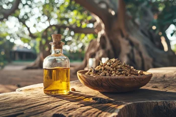 Foto op Canvas Baobab oil in a glass bottle with seeds in a wooden bowl with blurred Baobab tree background. Organic hair and skin care and wellness concepts © salarko