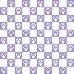 Retro seamless pattern. Textile geometric design with mushrooms and squares. Hippie checkerboard print. Groovy wallpaper with fungi. Vintage style 60s 70s. Vector illustration.