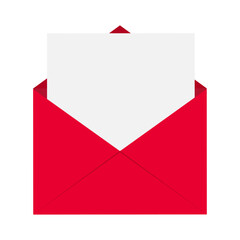 Red envelope with white sheet of paper isolated on transparent and white background. Closeup element for valentine's day and wedding design decoration. Vector flat illustration. Letter.