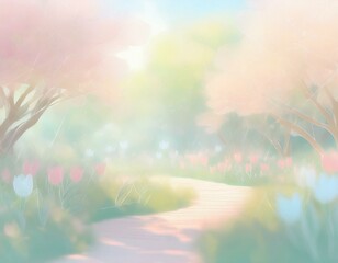 Naklejka na ściany i meble Beautiful springtime garden with colorful blooming flowers and cherry trees. Japanese anime style, pastel colours. 