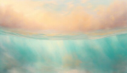 Pale blurred background with turquoise water and pastel watercolour sky. 