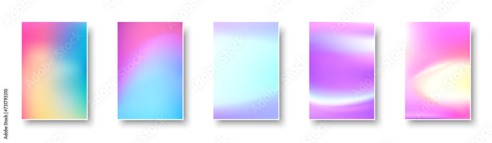 Wall mural set of colorful hologram paper card. abstract holographic wavy gradient mesh color backgrounds.