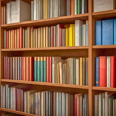 books in a library background on vintage wooden cupboard
