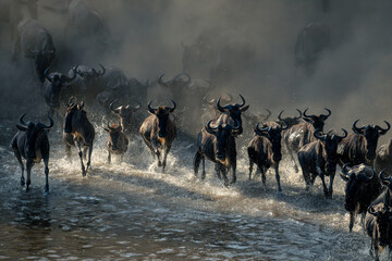 Herd of blue wildebeest race across water