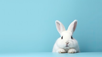 Obraz premium Cute rabbit bunny isolated on the bright blue background, easter celebration concept