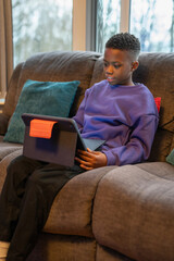 Boy with laptop sitting on sofa