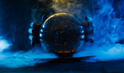 Crystal sphere in hands. Magic ball predictions. Mysterious composition. Fortune teller, mind...