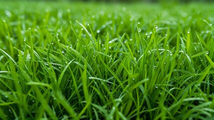 Fototapeta premium Macro shot of dew on grass, showcasing spring's freshness
