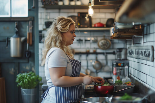 Fat blond woman in the kitchen