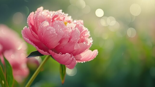 Dewy pink peony bloom signifies the start of spring