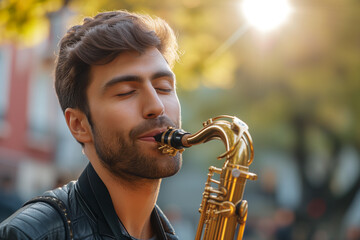 Photo of happy male showing love to music saxophone