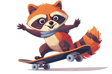 Charming flat logo featuring a cute raccoon confidently skateboarding and flashing a metal hand gesture, epitomizing animal athleticism and style