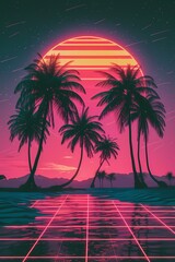 Naklejka premium Sunset on tropical beach with palm tree generated ai.