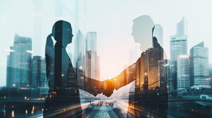 Double exposure image of business people handshake on city office building in background showing partnership success of business deal. Concept of corporate teamwork, trust partner and work agreement. - obrazy, fototapety, plakaty