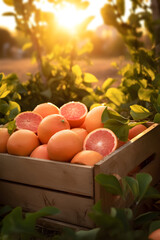 Grapefruits harvested in a wooden box with orchard and sunshine in the background. Natural organic fruit abundance. Agriculture, healthy and natural food concept. Vertical composition.