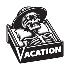hand drawn art style black and white skeleton enjoying vacation wear sun glasses vector illustration