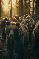 Grizzly bear family walking towards the camera in the forest with setting sun. Group of wild animals in nature.