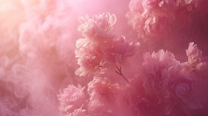 Dreamy soft focus on fully bloomed pastel pink peonies