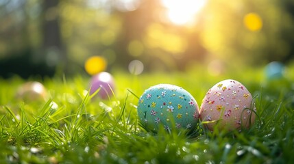 Fototapeta na wymiar Grass cradles pastel Easter eggs, a vibrant nod to spring