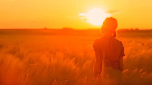 Woman Standing in Field at Sunset Generative AI