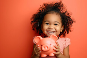 Smiling mixed race girl with curly hair holding holding piggy bank on vivid peach background. - obrazy, fototapety, plakaty