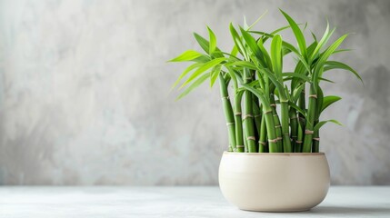 Soft green bamboo shoot on a white base, minimal style