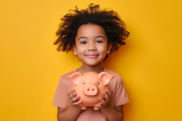 Smiling mixed race girl holding piggy bank on vivid yellow background.