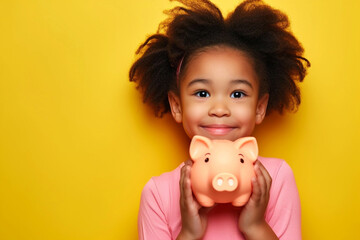 Smiling mixed race girl holding piggy bank on vivid yellow background. - obrazy, fototapety, plakaty