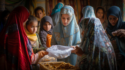 Muslim woman wearing hijab giving of charity to those in need: Zakat al-Fitr