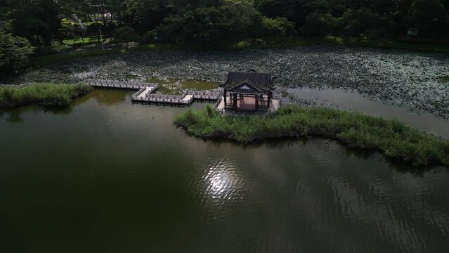 Drone footage of an alcove on Songshan Lake located in Dongguan city on a sunny day, China