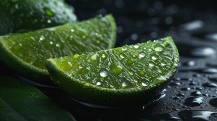 Vibrant green lime wedges with water drops, fresh look