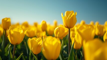 Obraz premium Vibrant yellow tulip field, under a clear blue sky