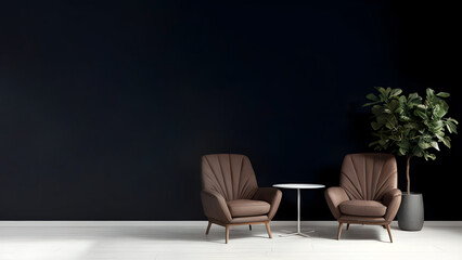 The modern cozy interior design with chair and green plant on dark wall background ai generated