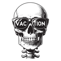 hand drawn art style black and white skeleton enjoying vacation wear sun glasses vector illustration