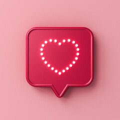 Social media notification digital neon dots love like heart shape in red speech bubble pin icon isolated on pink pastel color wall background with shadow minimal conceptual 3D rendering