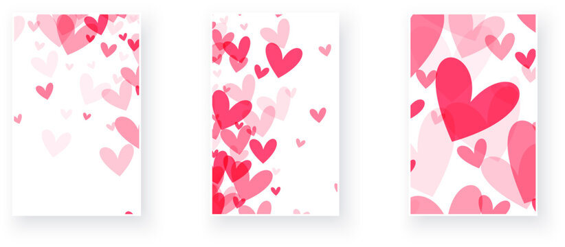 set of vertical vector cards with a soft gradient of pink hearts
