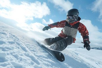 Fototapeta na wymiar Little boy snowboarder riding on a sunny day.