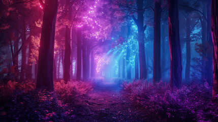 Fototapeta na wymiar Fantasy dark forest with fog, path and neon lights.