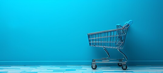 Shop-a-thon - A Shopping Cart on a Blue Wall Generative AI - obrazy, fototapety, plakaty