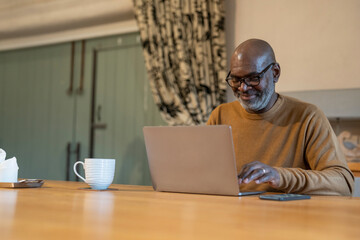 Senior man using laptop at home