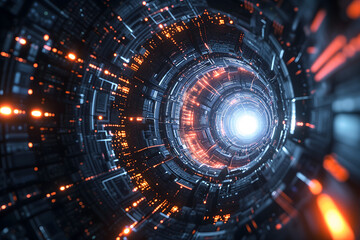 Abstract cyber tunnel with diminishing perspective for technological singularity concept. Neural...