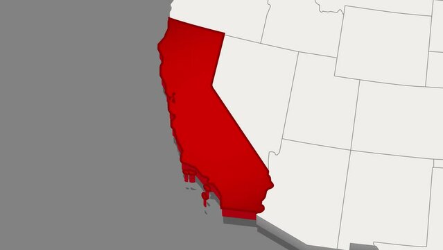 The state of California is highlighted and zom with name in red on a minimalistic map of the USA in white on dark background. Thin clean lines. Video animation. High quality 4k footage