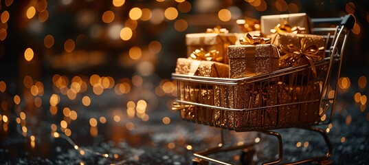 Golden Gift Basket with Glowing Presents for a Sparkling New Year's Eve Celebration Generative AI