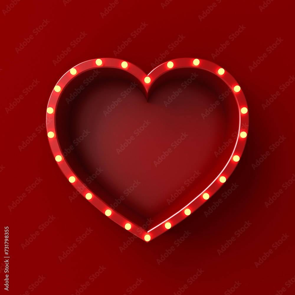 Poster blank red love heart shape sign frame box billboard with glowing yellow neon light bulbs isolated on