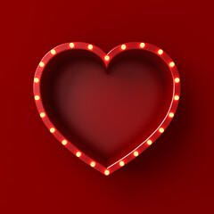 Blank red love heart shape sign frame box billboard with glowing yellow neon light bulbs isolated on dark red wall background with shadow minimal conceptual 3D rendering